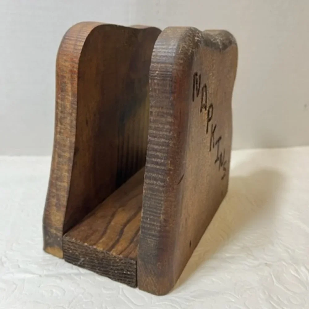 VTG Rustic Hand Carved Wooden Napkin Holder Dark Brown 5.5x3.25x5.5